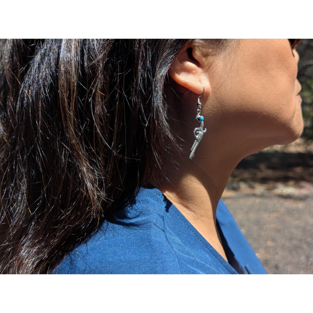 Handmade Navajo Sterling Silver Gun w/ Turquoise Dangle Earrings Western Style** - Picture 7 of 11